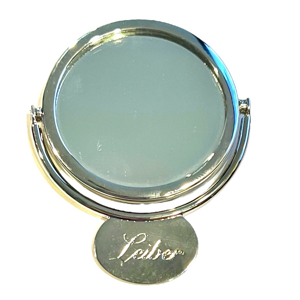 JUDITH LEIBER SILVER COMPACT HANDHELD MIRROR WITH PINK DUSTBAG